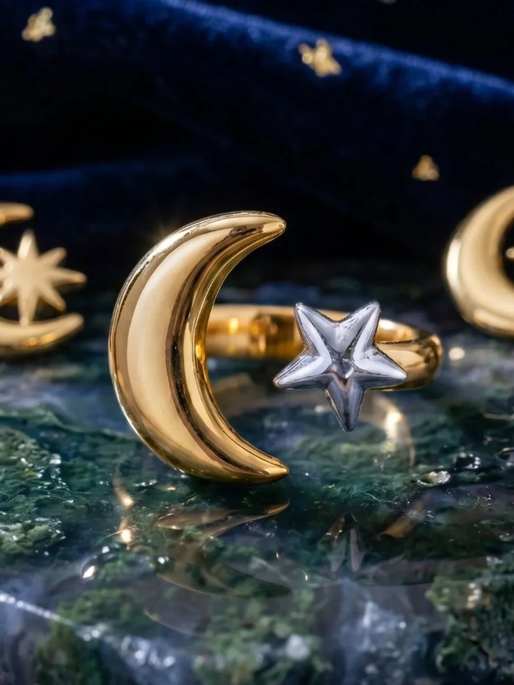 Two-Tone Moon Star Celestial Ring 18K Gold Plated Stainless Steel Adjustable 7-9